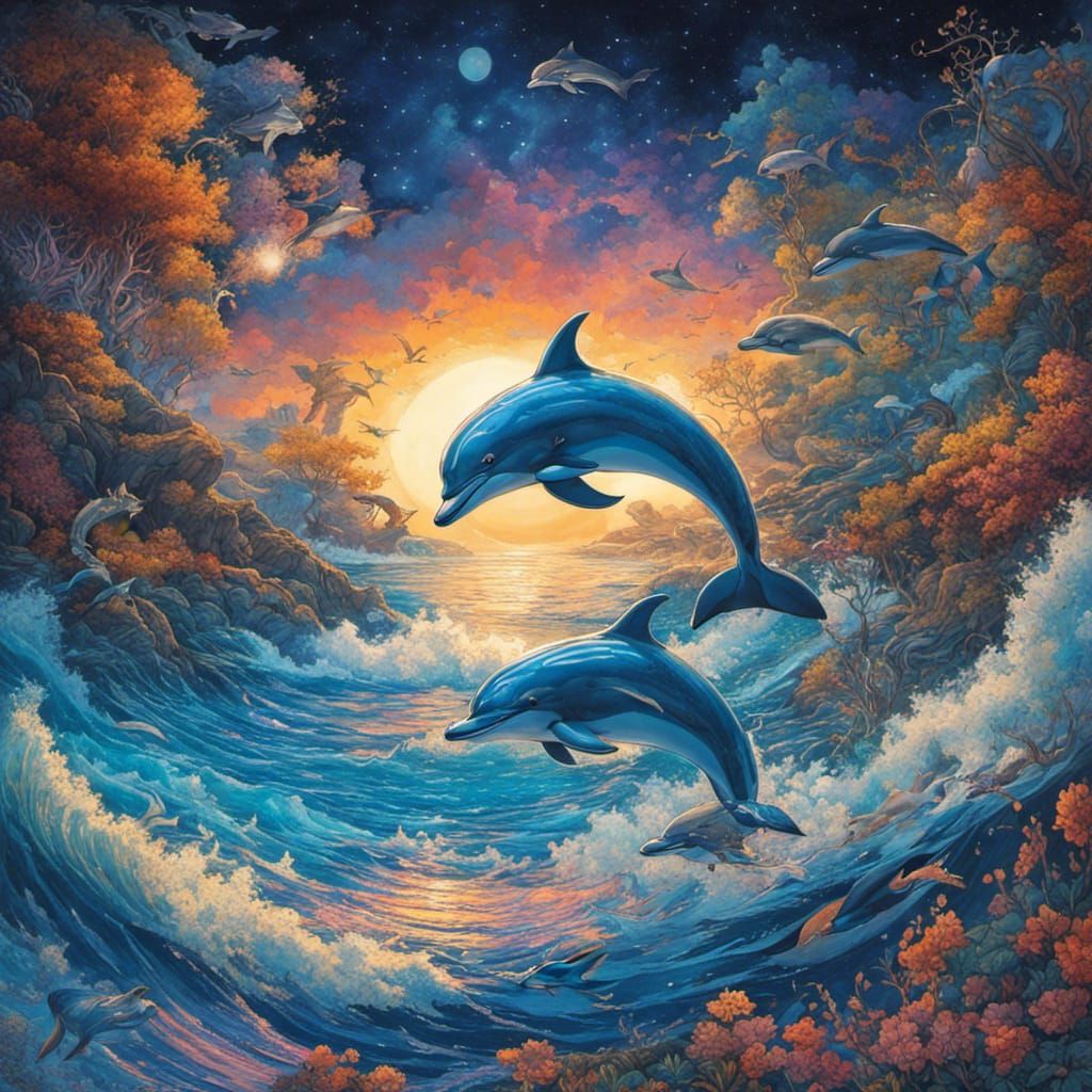 Dolphins Leaping Under Galaxy Sky: Fantasy Art