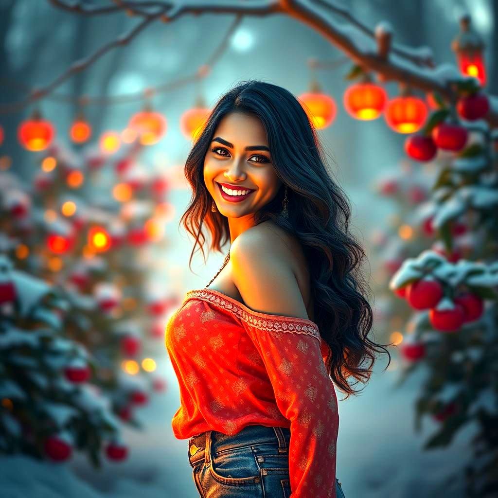 Radiant Indian Woman in Winter Garden: Digital Art