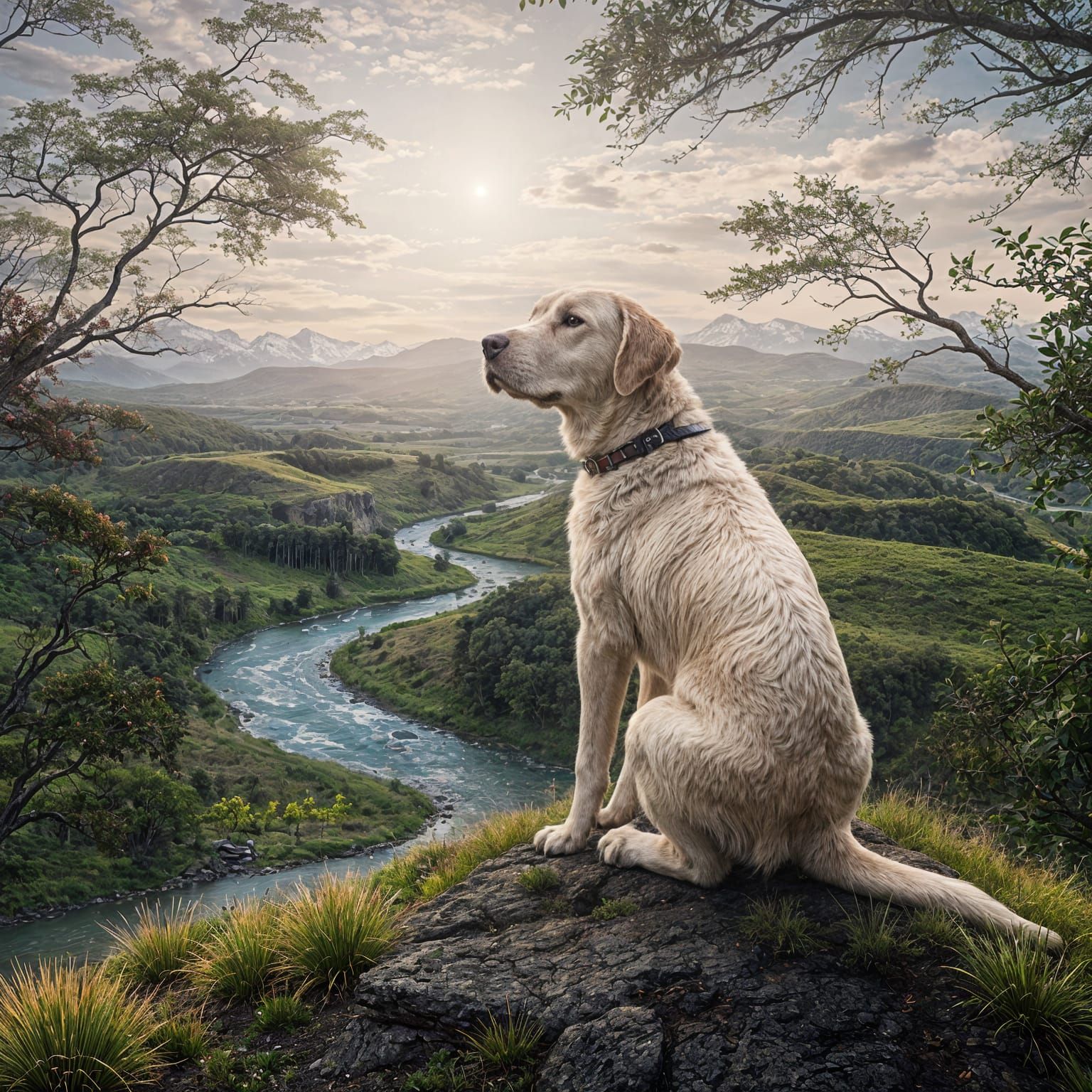Lab Surveys Majestic Valley Landscape with Rolling Hills and...
