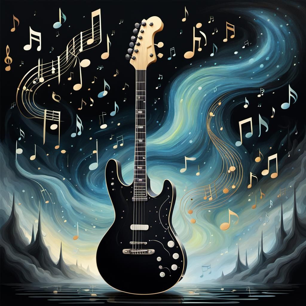Surreal Guitar with Music Notes in Aurorapunk Style