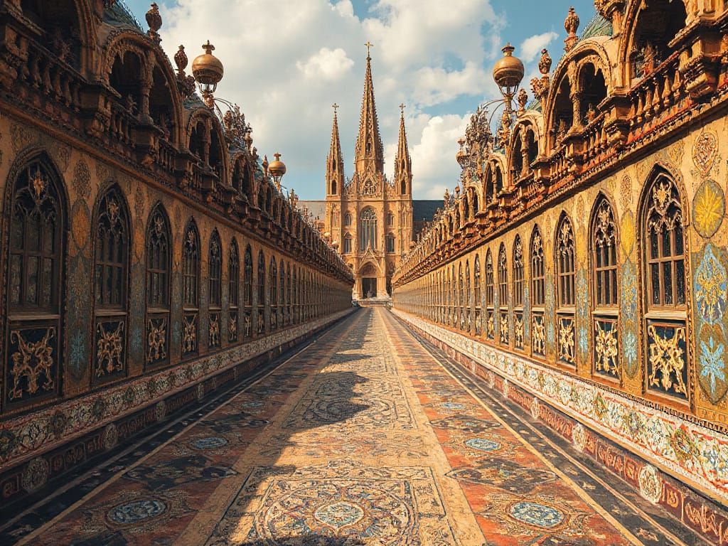 Surreal Cathedral with Mosaics and Repeating Patterns