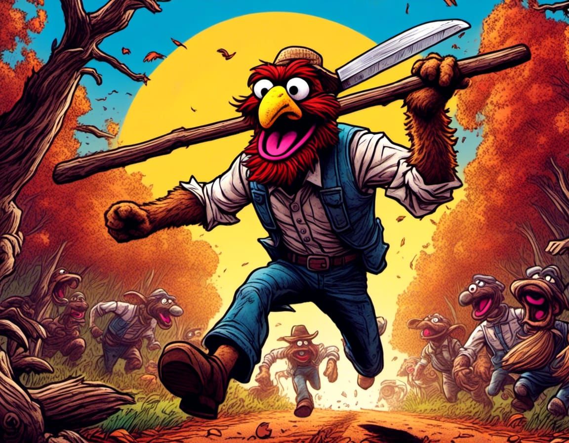 Farmer Chased by Wild Turkey: Comic Book Art