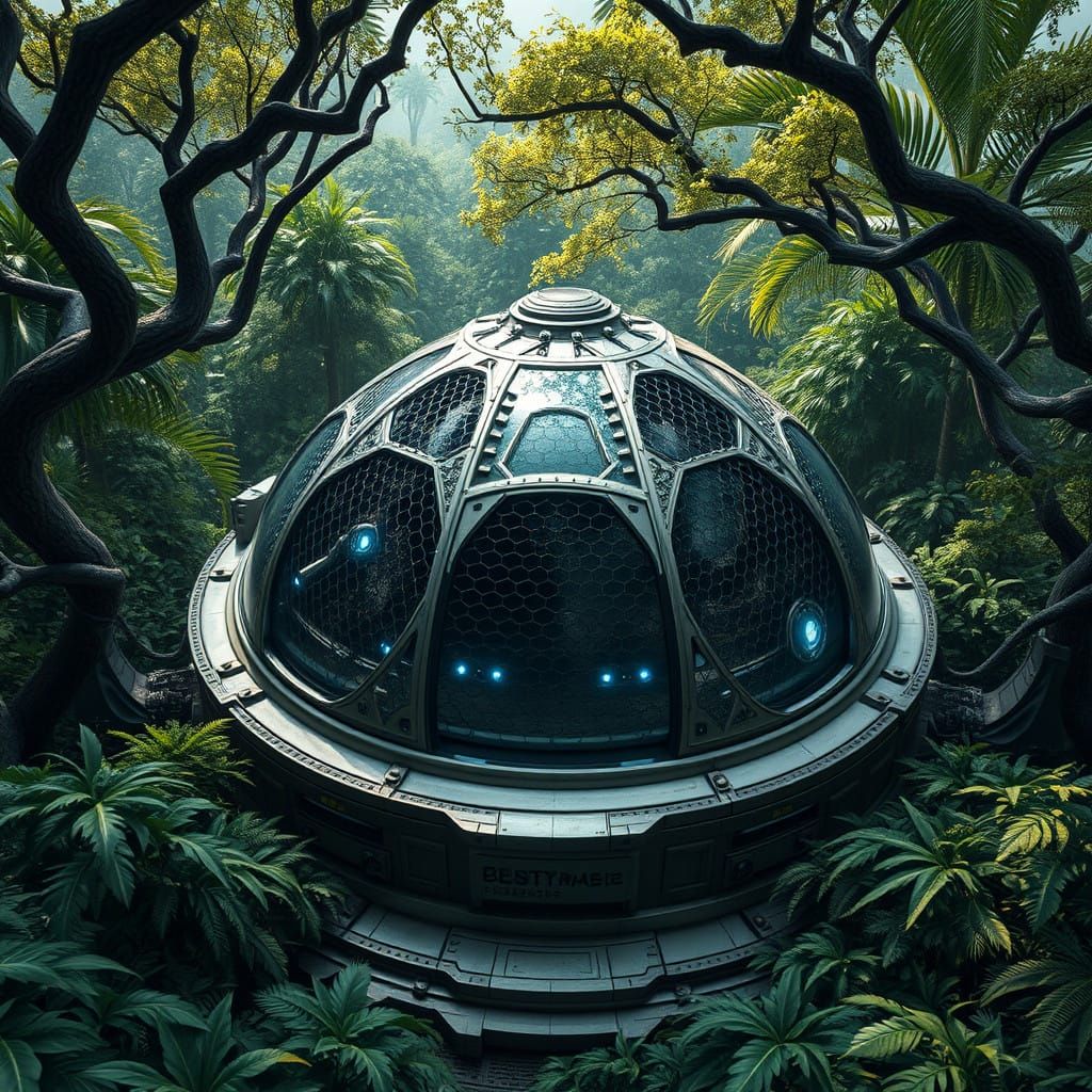 Surreal Futuristic Dome Surrounded by Lush Jungle in Aerial...