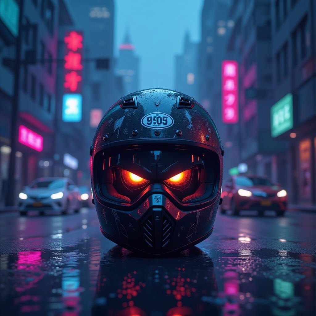 Cyberpunk Helmet with Glowing Visor on Neon Street