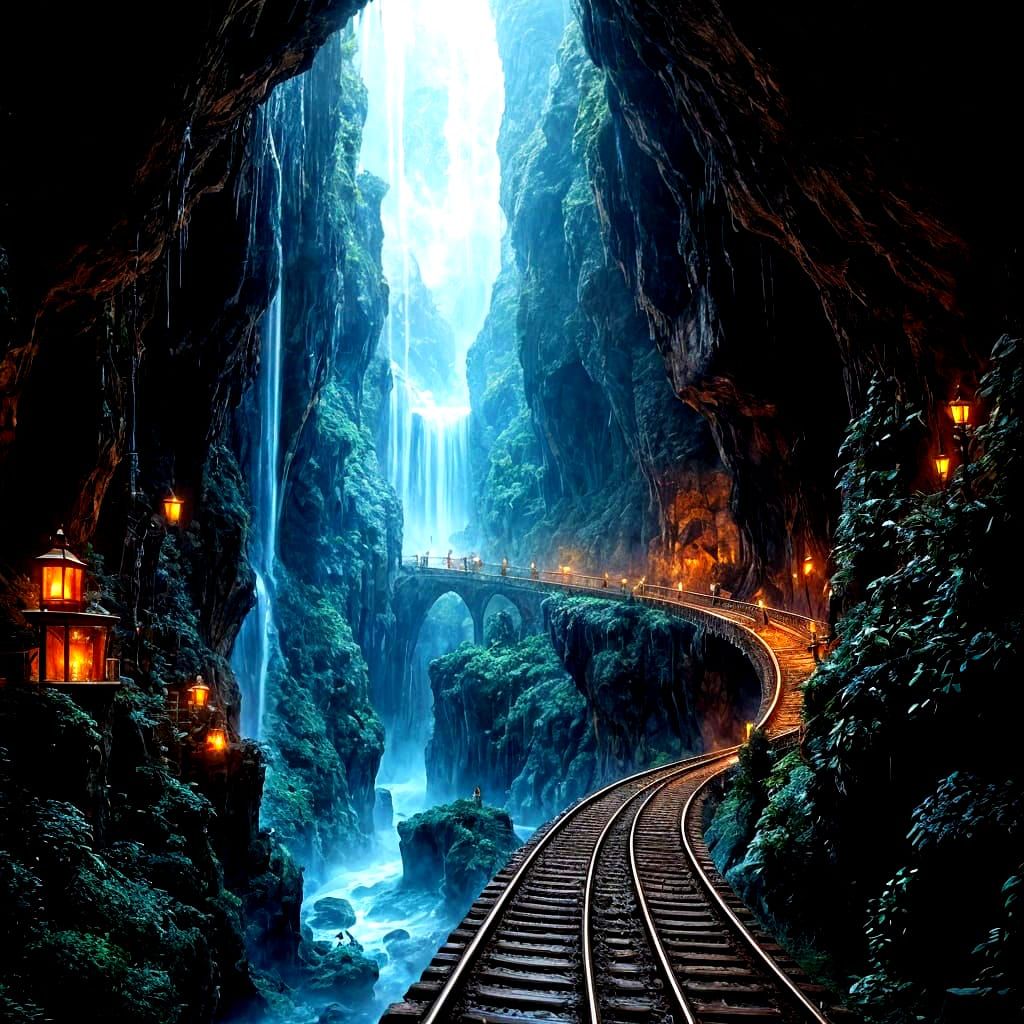 Epic Underground Cavern with Train and Waterfalls in Maximal...