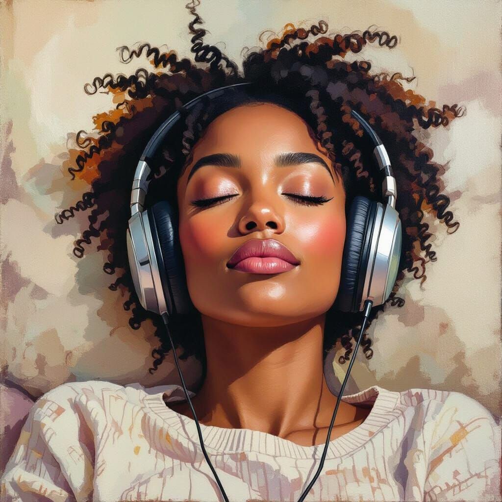 Serene Portrait: Black Woman Listening to Music