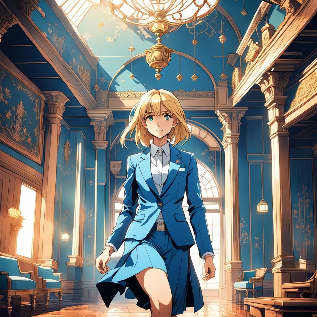 Anime Woman in Blue Suit, Cel-Shaded Style