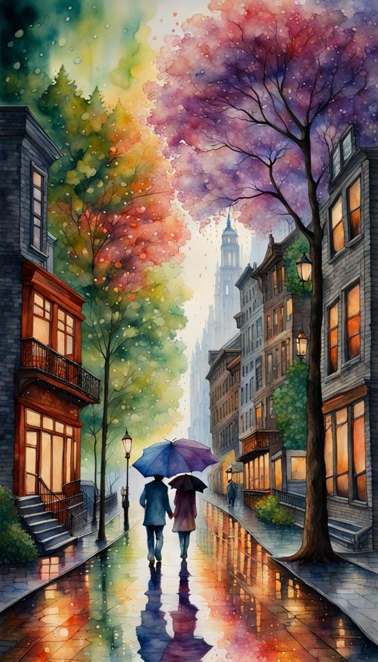 Fantasy Forest Street Scene in Watercolor Style