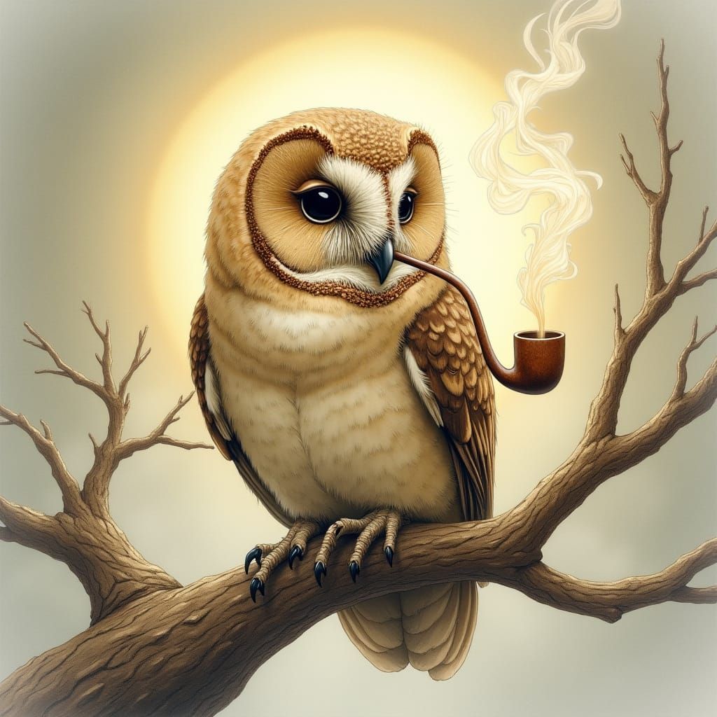 Wise Owl Smoking Pipe in Dreamy Watercolor Style