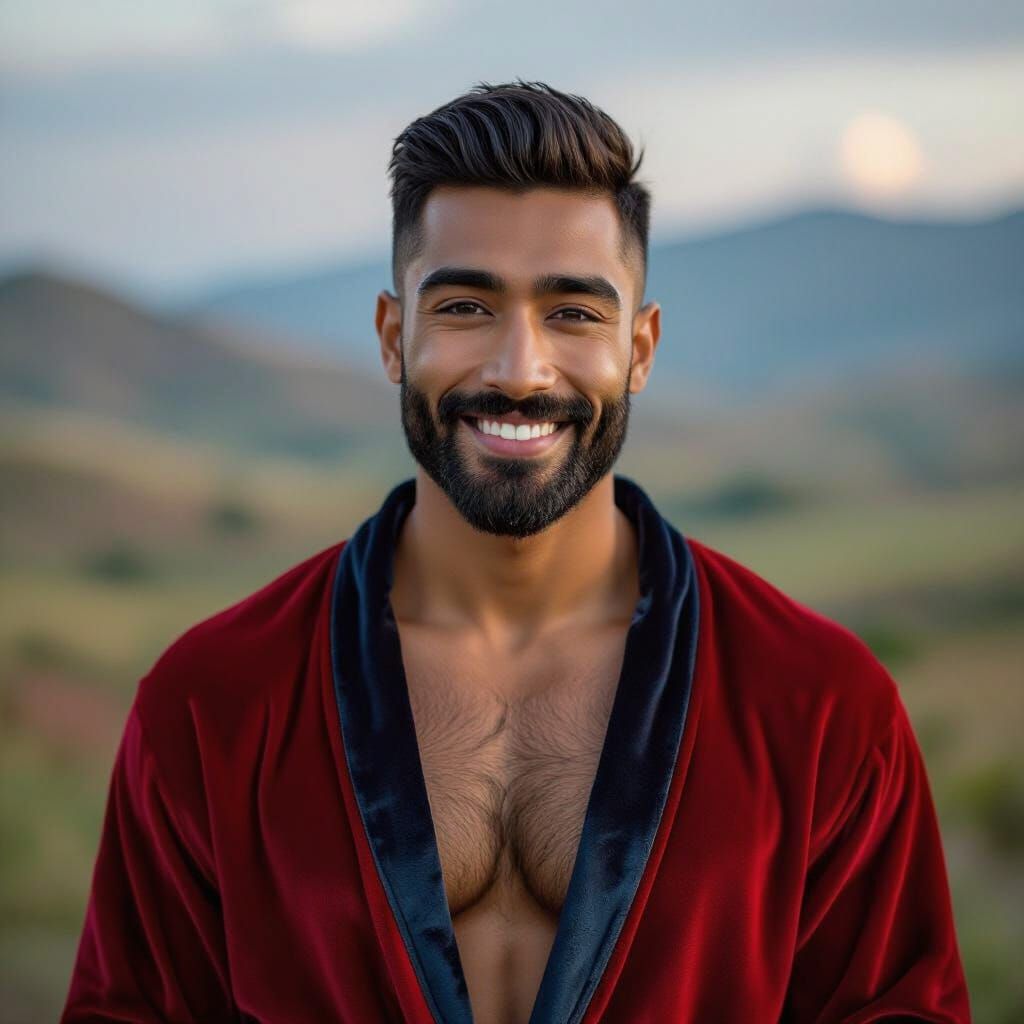 Joyous Man in Red Velvet Bathrobe, Hyperrealistic Splash Art