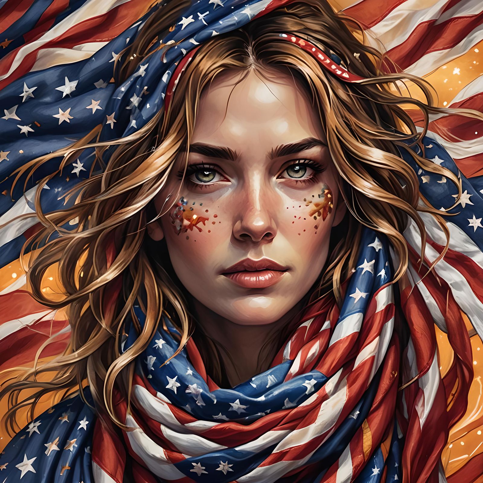 American Flag Head with Scarf: Hand-Drawn Digital Art