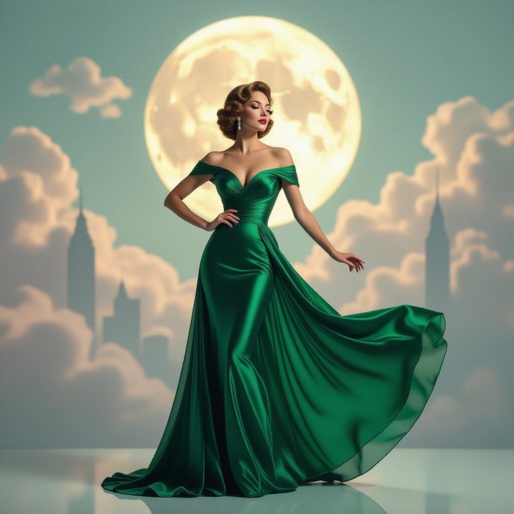 a graceful, elongated female figure in a flowing, elegant gown. Her pose is reminiscent of a Hollywood Golden Age starle...