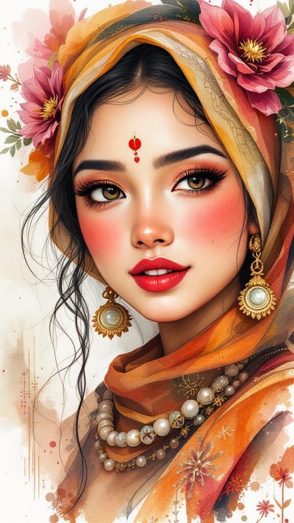 Indonesian Folk Art Portrait of a Beautiful Woman in Aquarel...