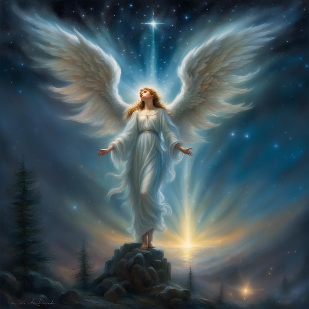 Ethereal Angel in Night Sky with Northern Star