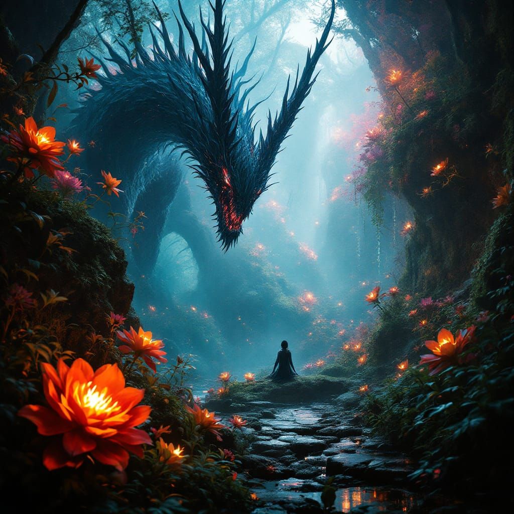 Fantastical Creatures and Luminous Flora in Cinematic Style