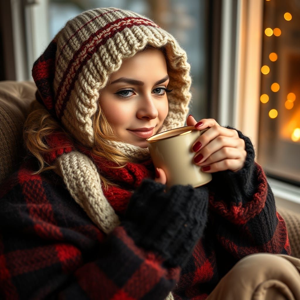 Cozy Woman Sips Cocoa by the Fireplace