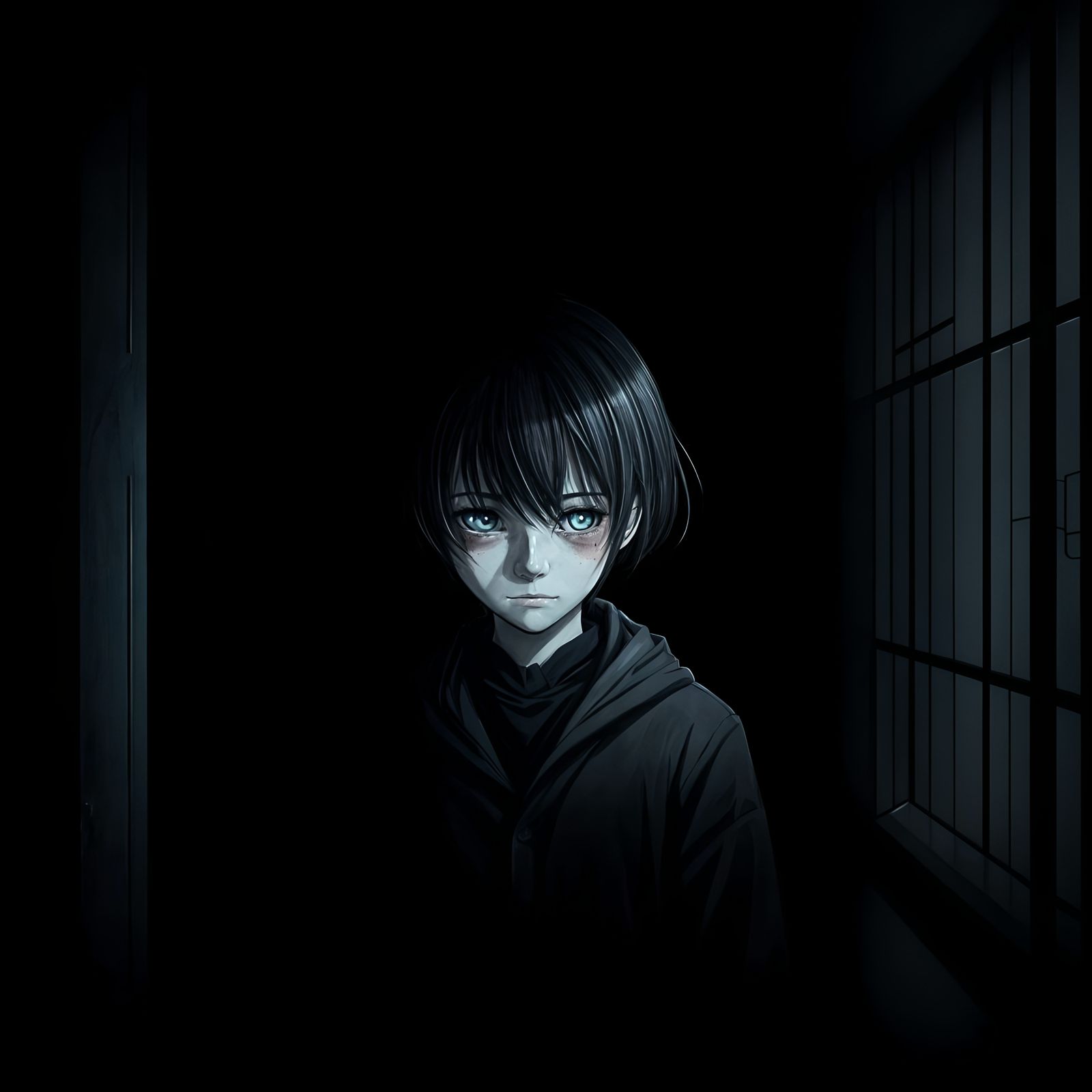Crying Figure in Dark Room: Anime Style