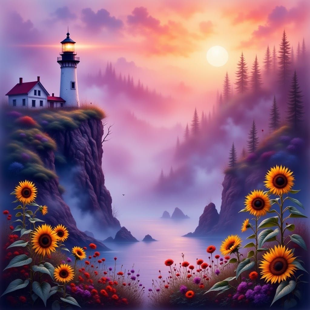 Misty Lighthouse Amidst Sunflowers in a Foggy Watercolor Lan...