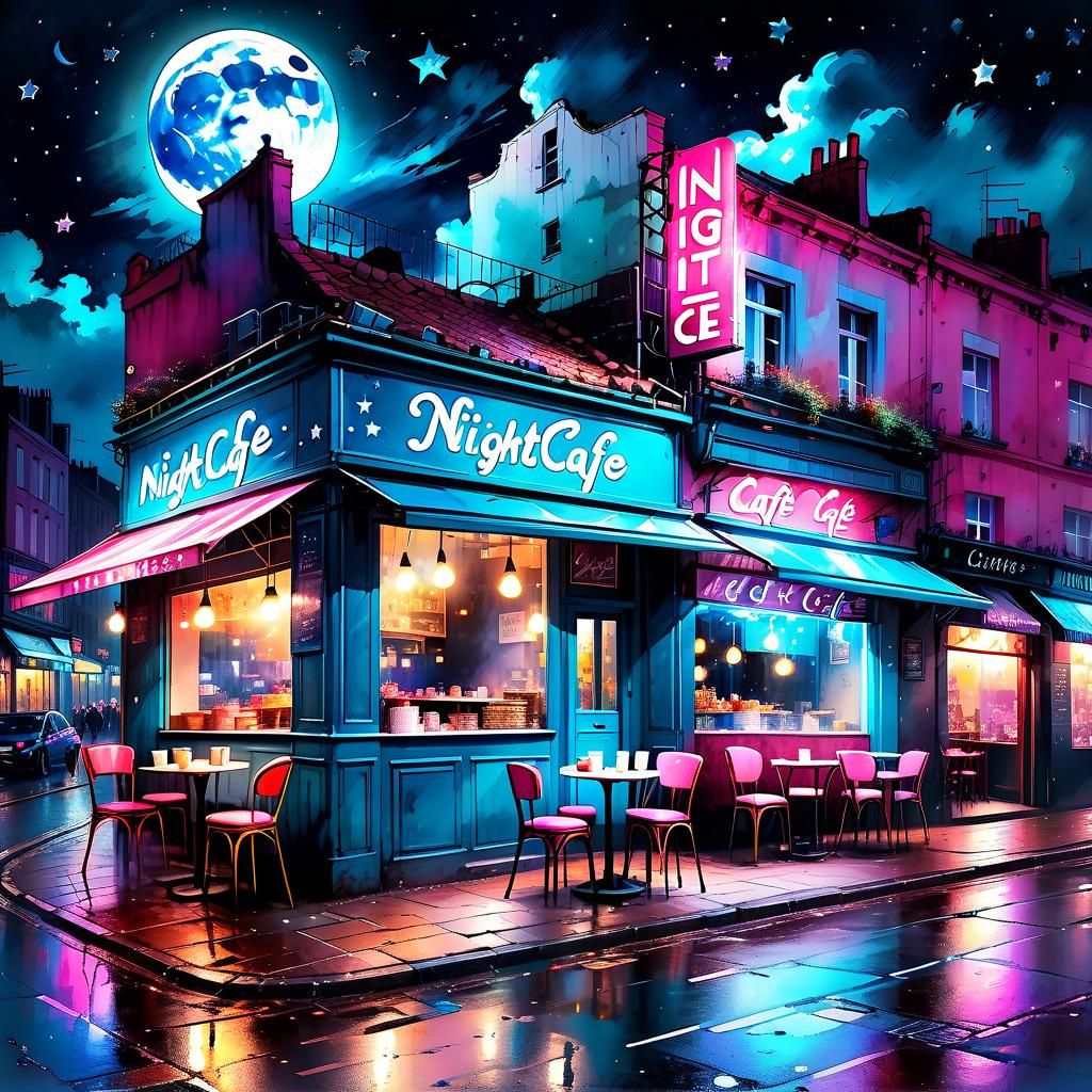 Night Cafe: Neon City Watercolor Illustration