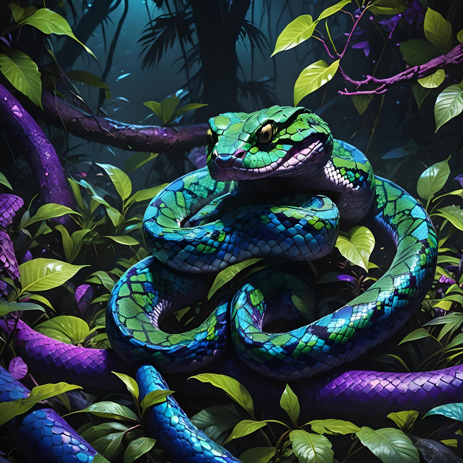 Neon Blue Viper in Jungle, Dark Fantasy Art