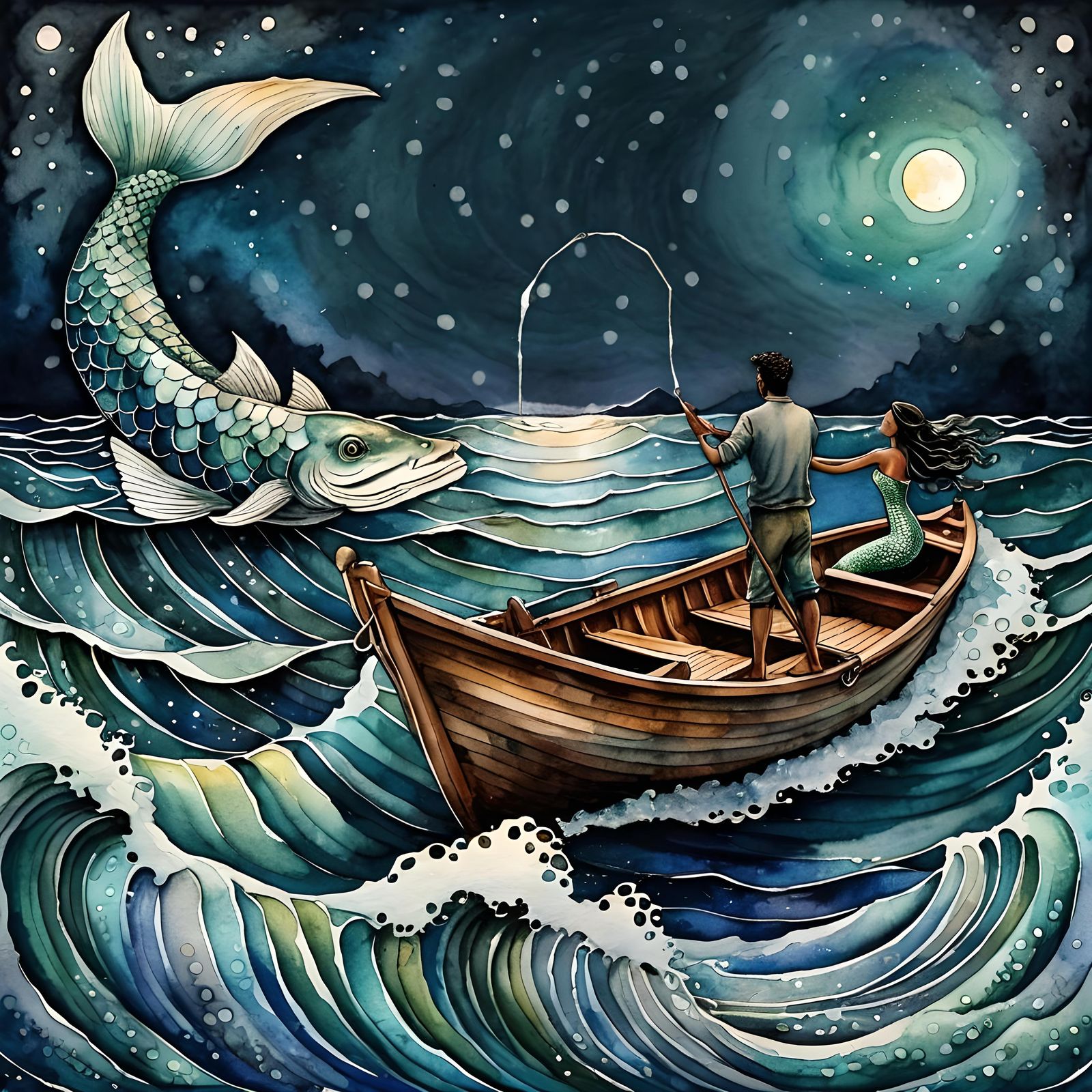 Mermaid Reaching for Fisherman: Watercolor Illustration