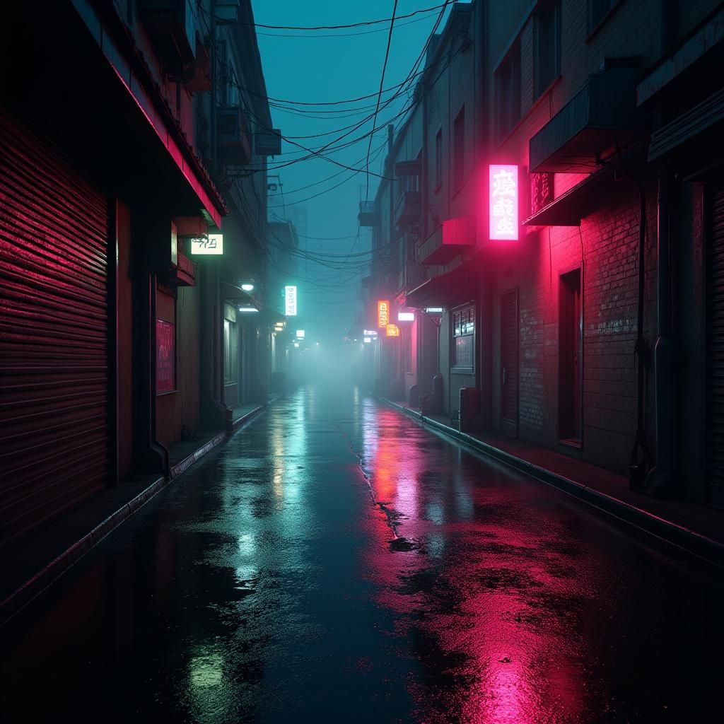 Neon Reflections in Rain-Soaked Cyberpunk Alleyway