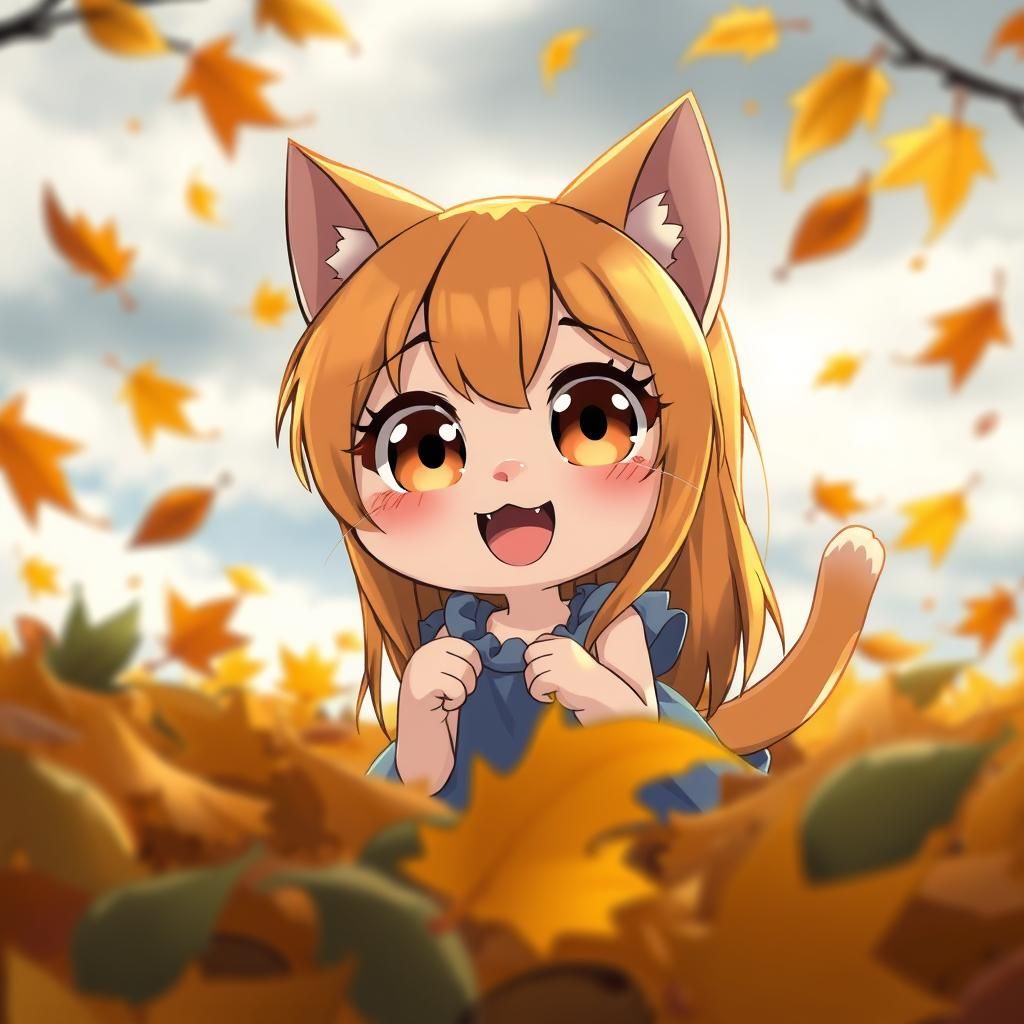 Cute Chibi Catgirl Playing in Autumn Leaves