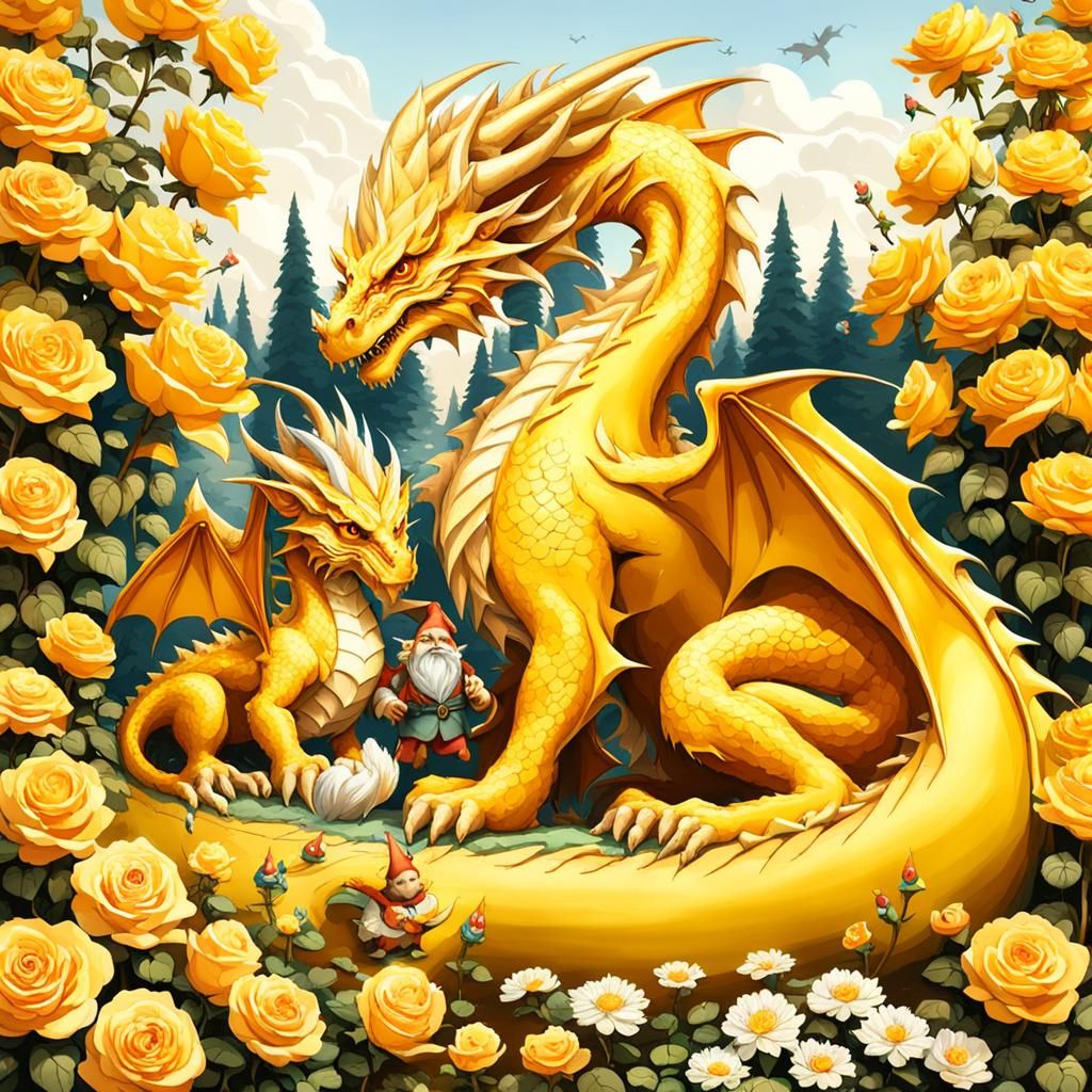 Yellow Dragon and Baby in Rose Garden
