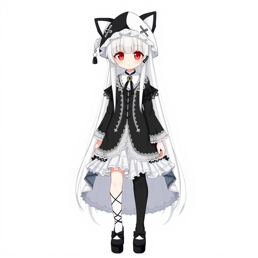 Anime Character Reference Sheet with Gothic Dress