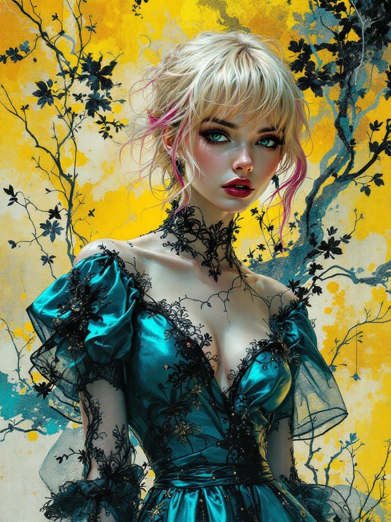 Gothic Romantic Pin-Up with Ethereal Linework and Bold Color...