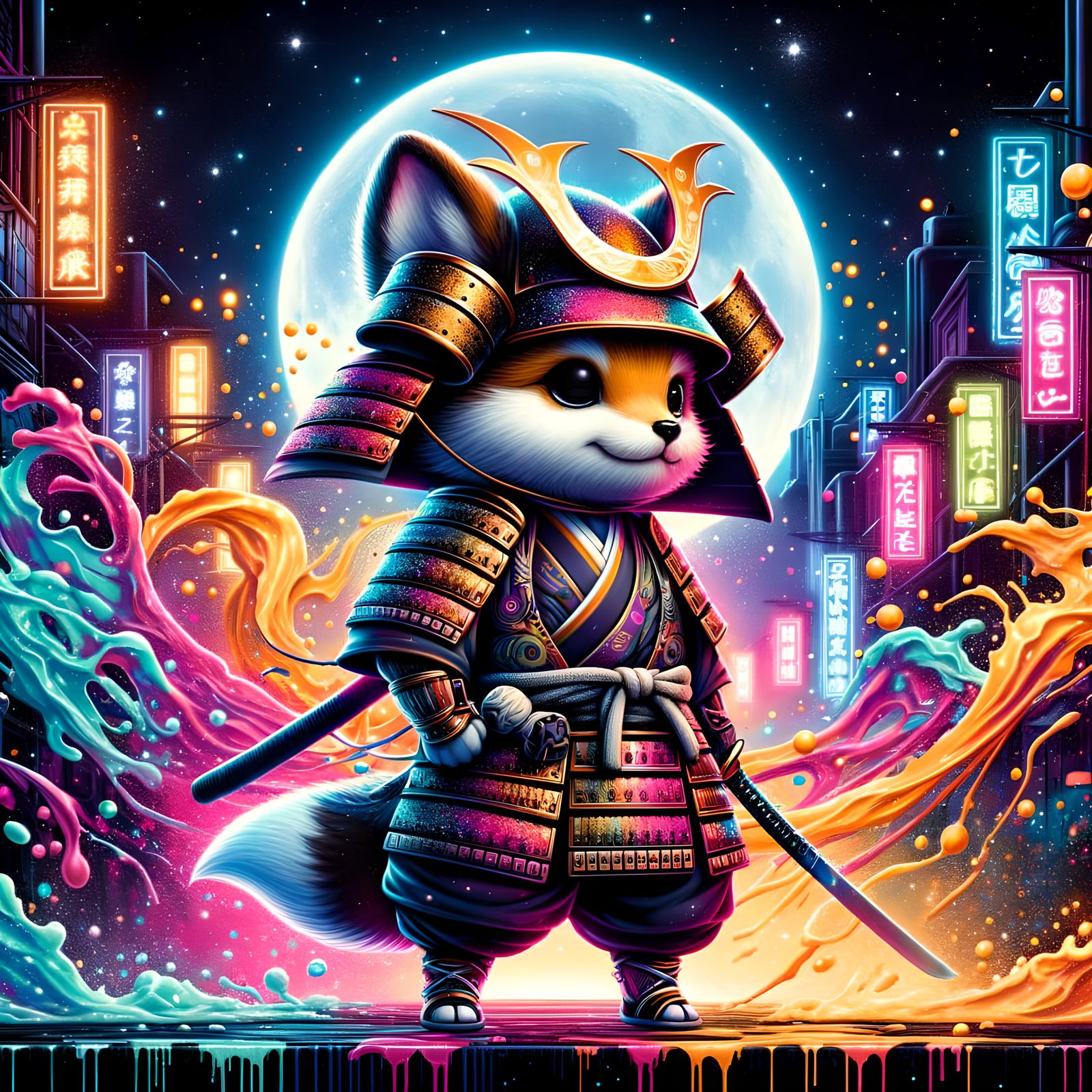 Neon Samurai Wolf in Cyberpunk Graffiti Scene
