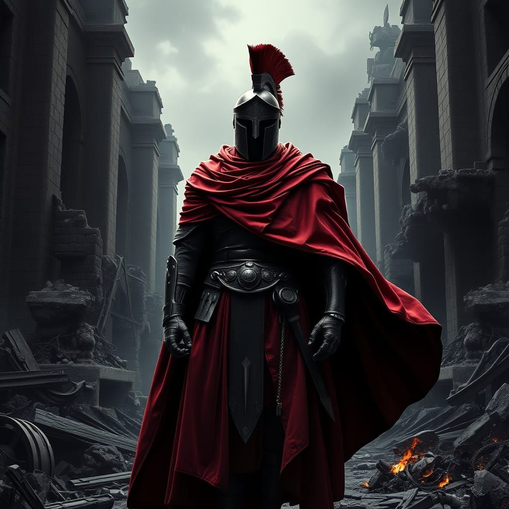 Majestic Red-Cloaked Praetorian Guard in Haunting Monochrome...