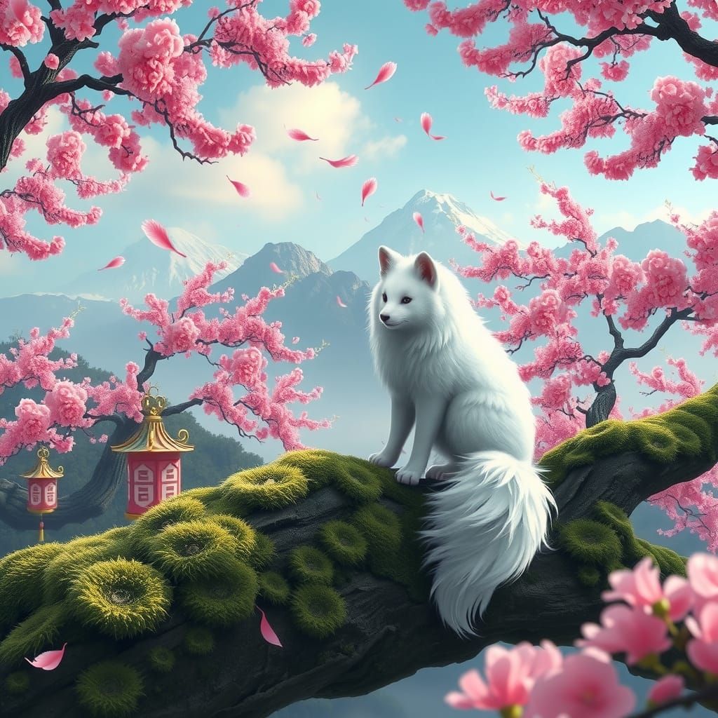 Serene White Fox in Sakura Garden