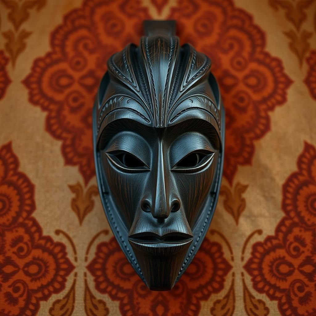 Tribal Mask in Dark Wood with Intricate Textures and Pattern...
