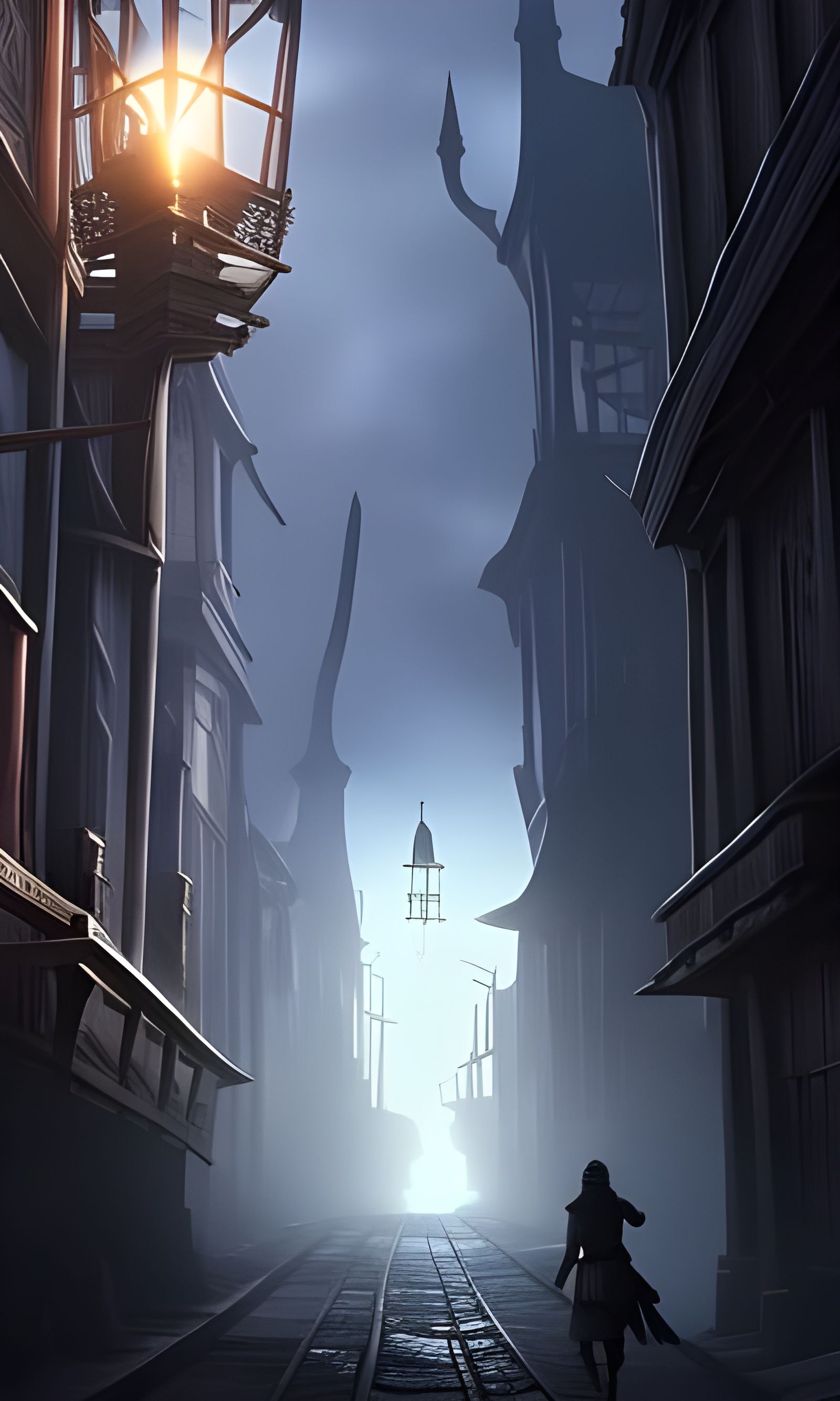 Figure walking thru a creepy town a masterpiece, 8k resolution, dark fantasy concept art, by Greg Rutkowski, dynamic lig...