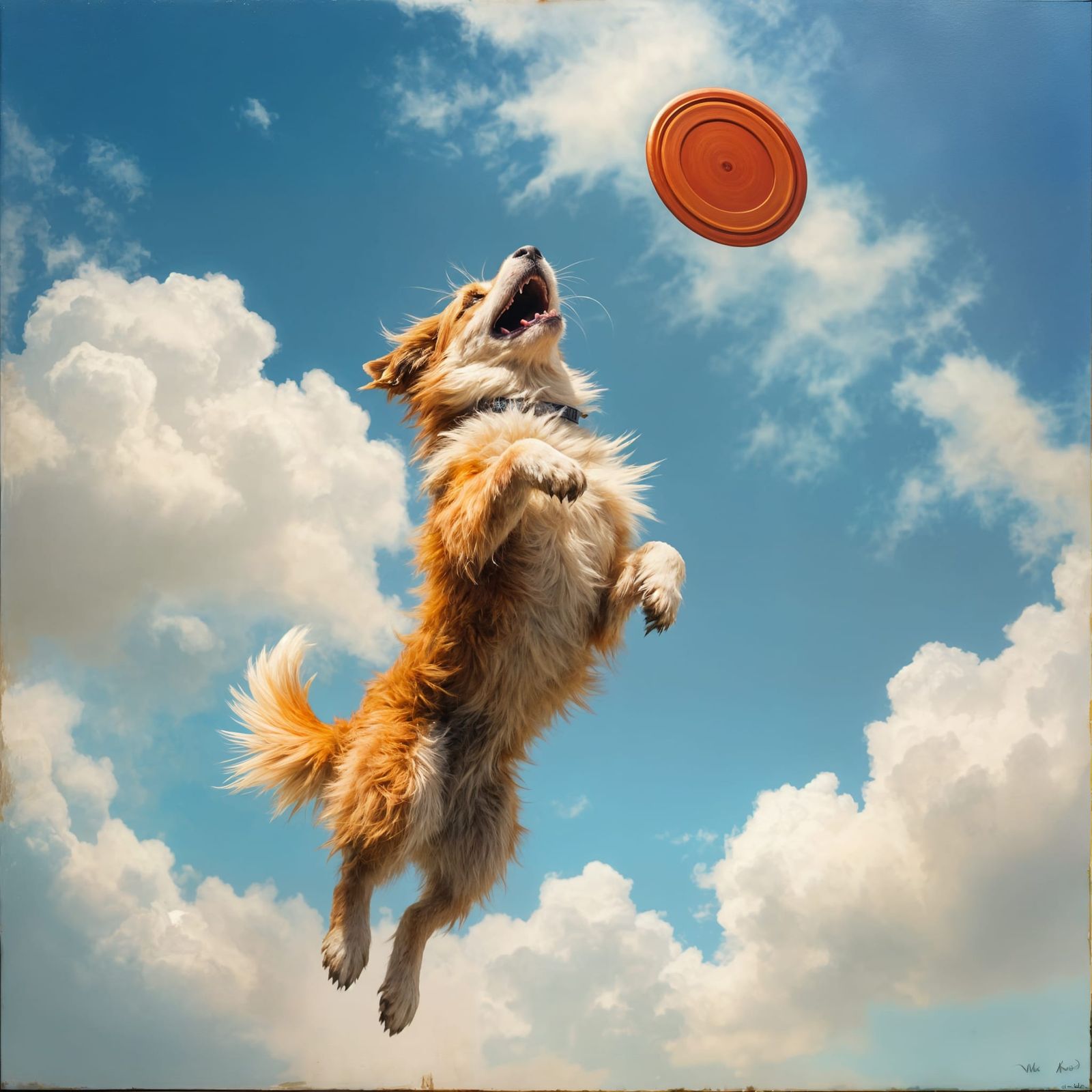 Dog Catches Frisbee Mid-Air: Oil Painting