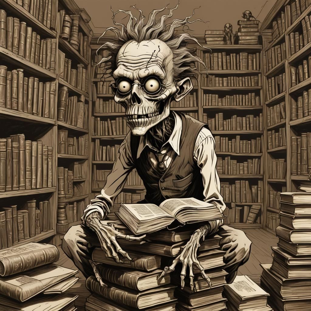 Disturbing Zombie Librarian in Art Brut Style