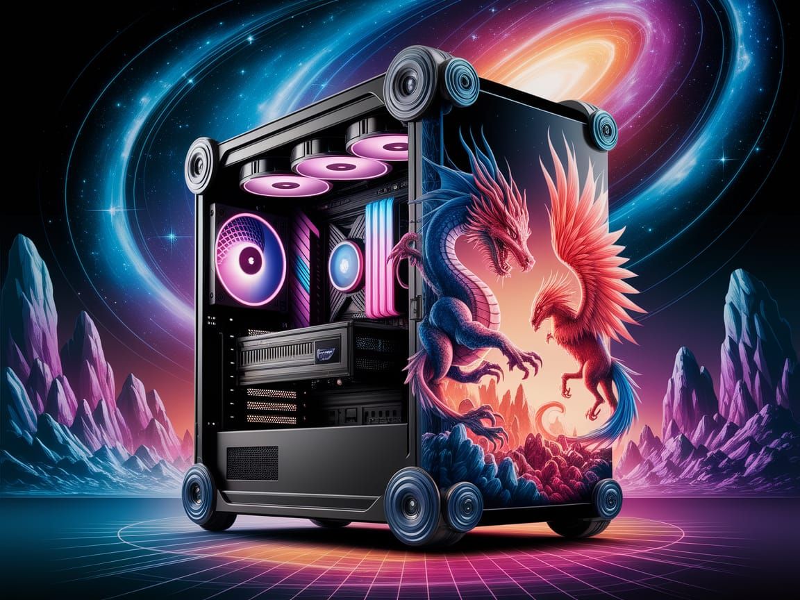 Dragon and Phoenix Battle on Airbrushed Computer Case