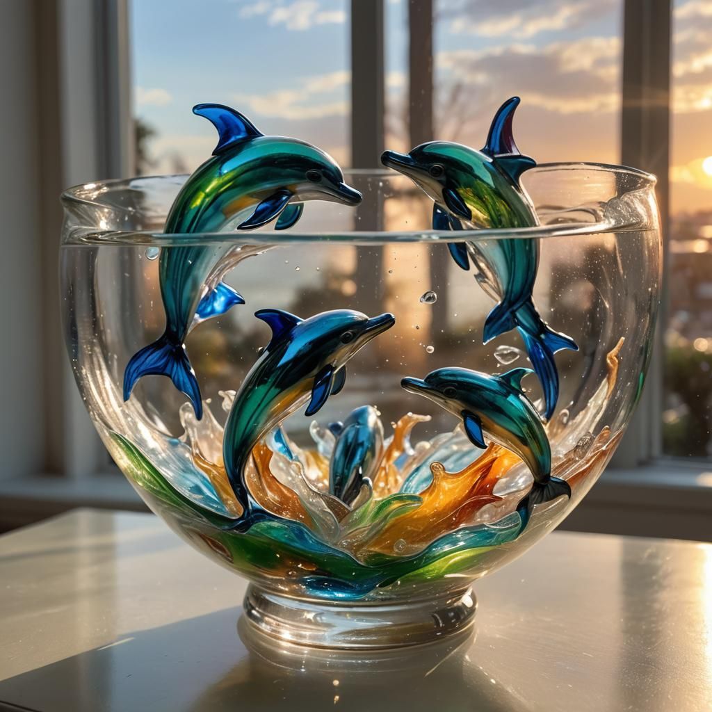 Murano Glass Dolphins in Sunset Light