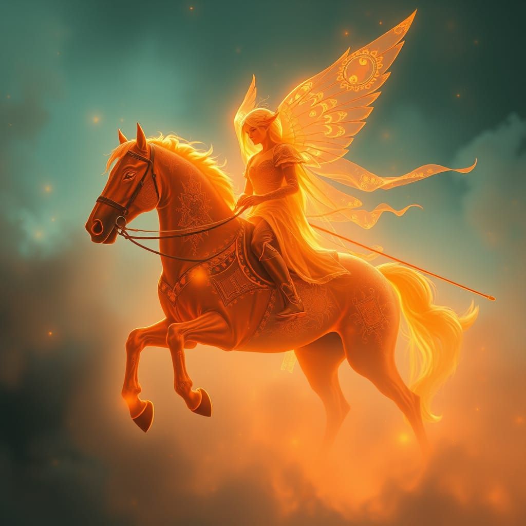 Ethereal Horse and Rider Emerge from Mystic Fog in Vibrant A...