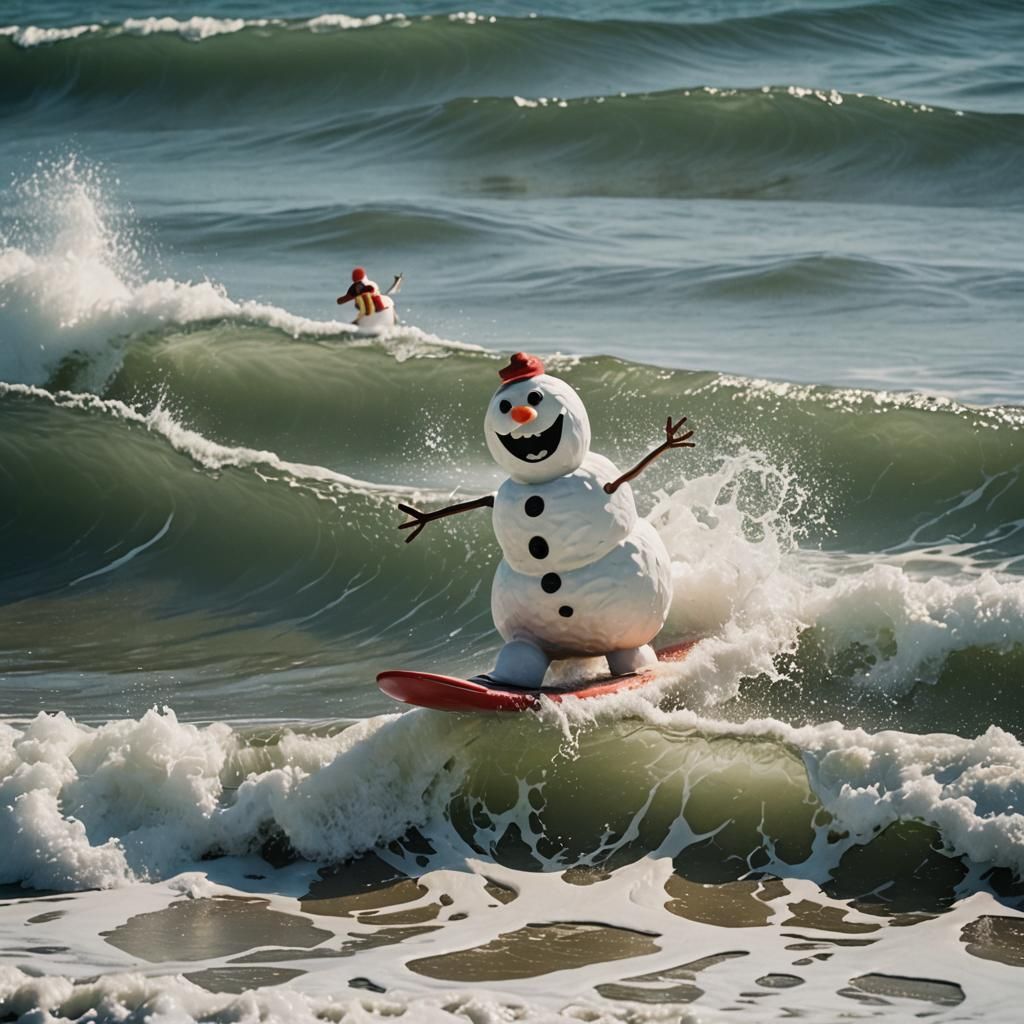 Snowman Surfing a Summer Wave: Cinematic Still