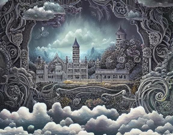 Fantasy Sky Castle Illustration in Maximalist Style