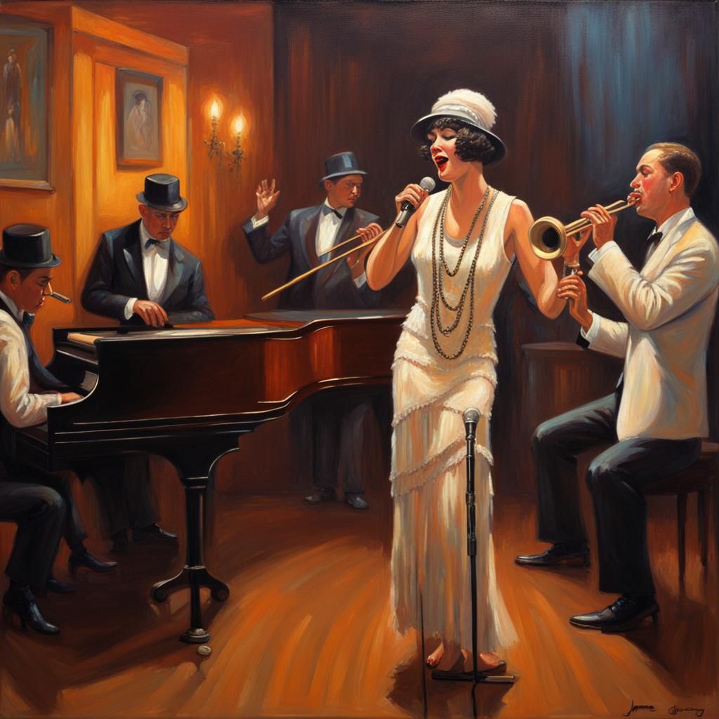 Flapper Singer Performing Jazz in Smokey Bar, Oil Painting