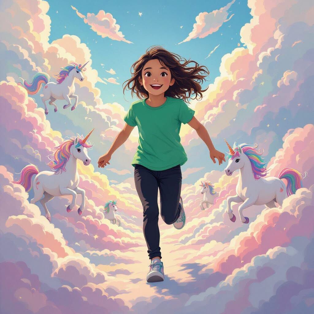Girl Running with Unicorns in Mystical Clouds