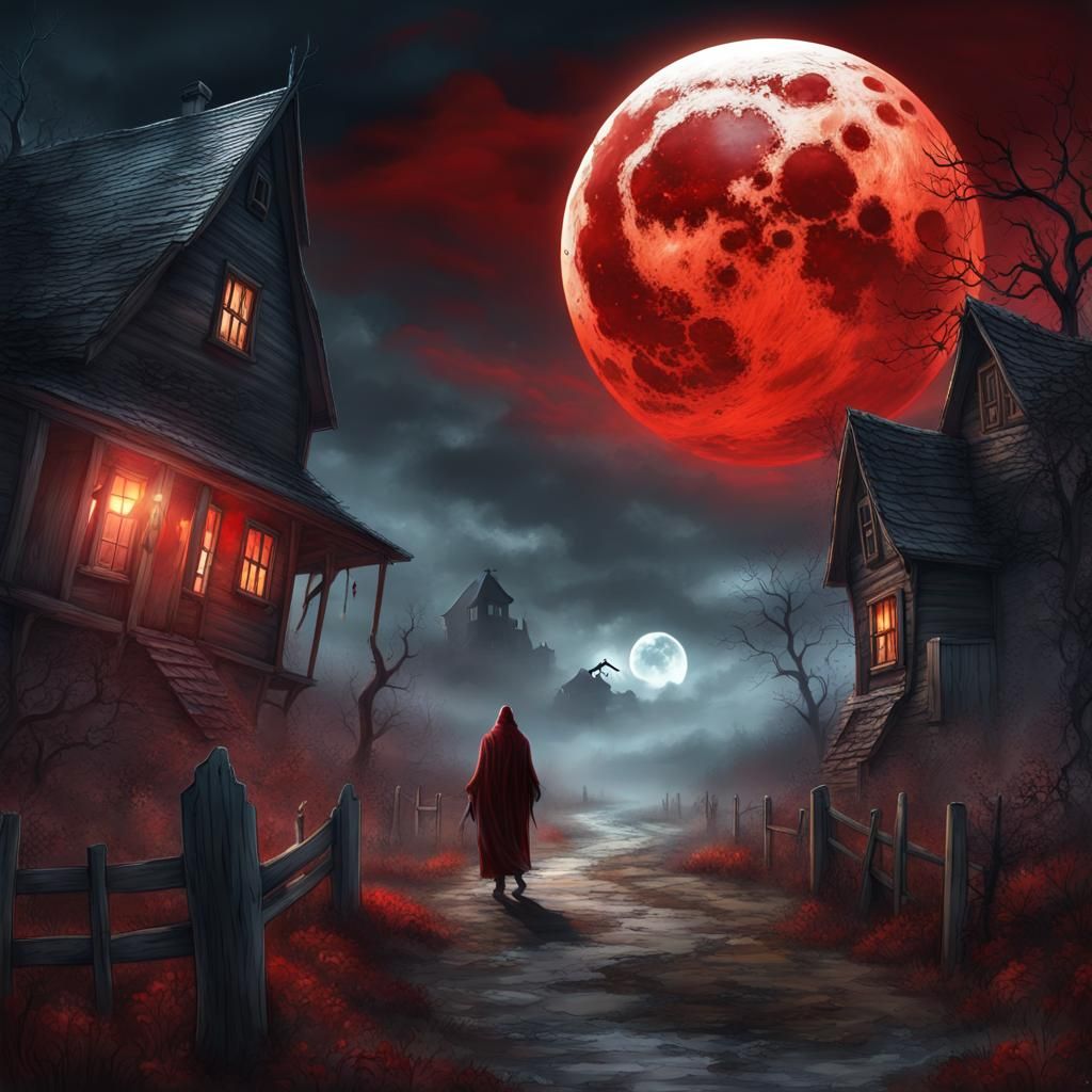 Haunted Village with Blood Moon, Digital Art