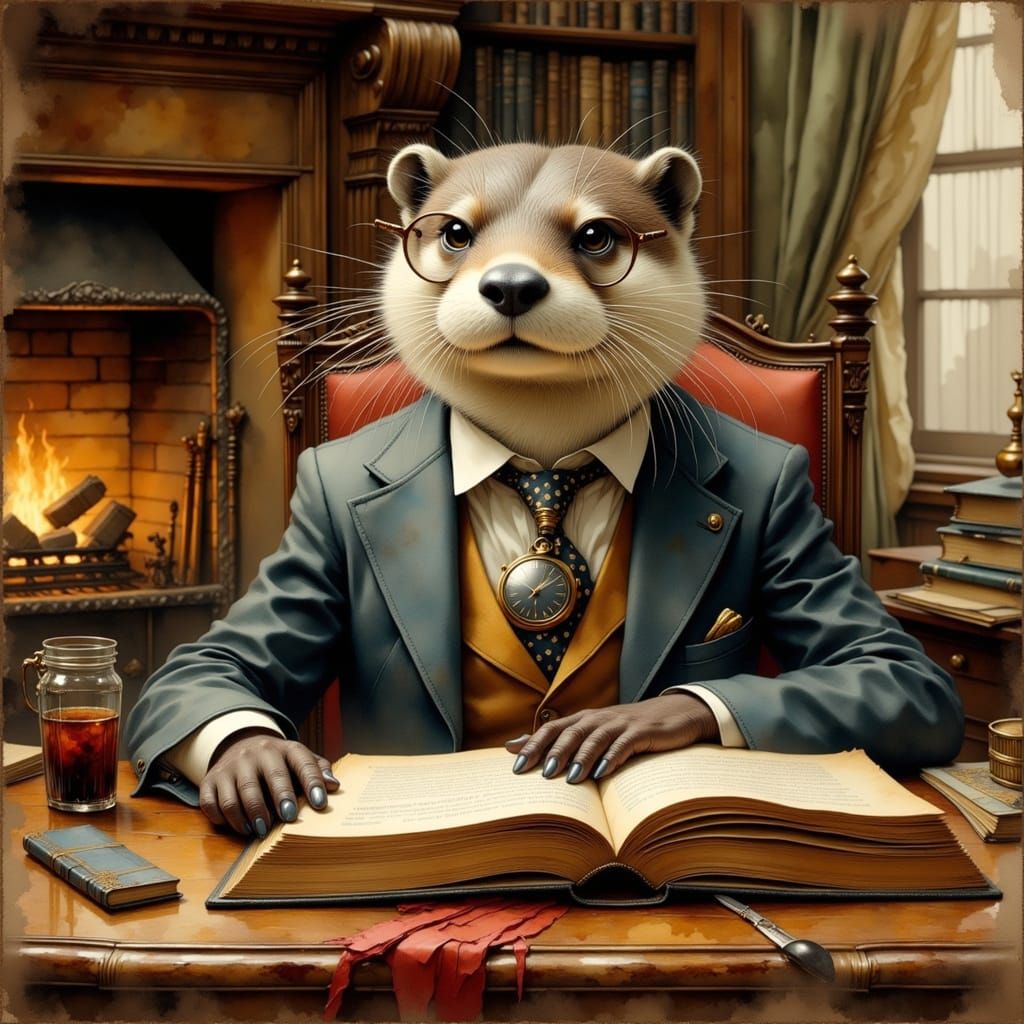Anthropomorphic Otter Reading, Antique Watercolor Style
