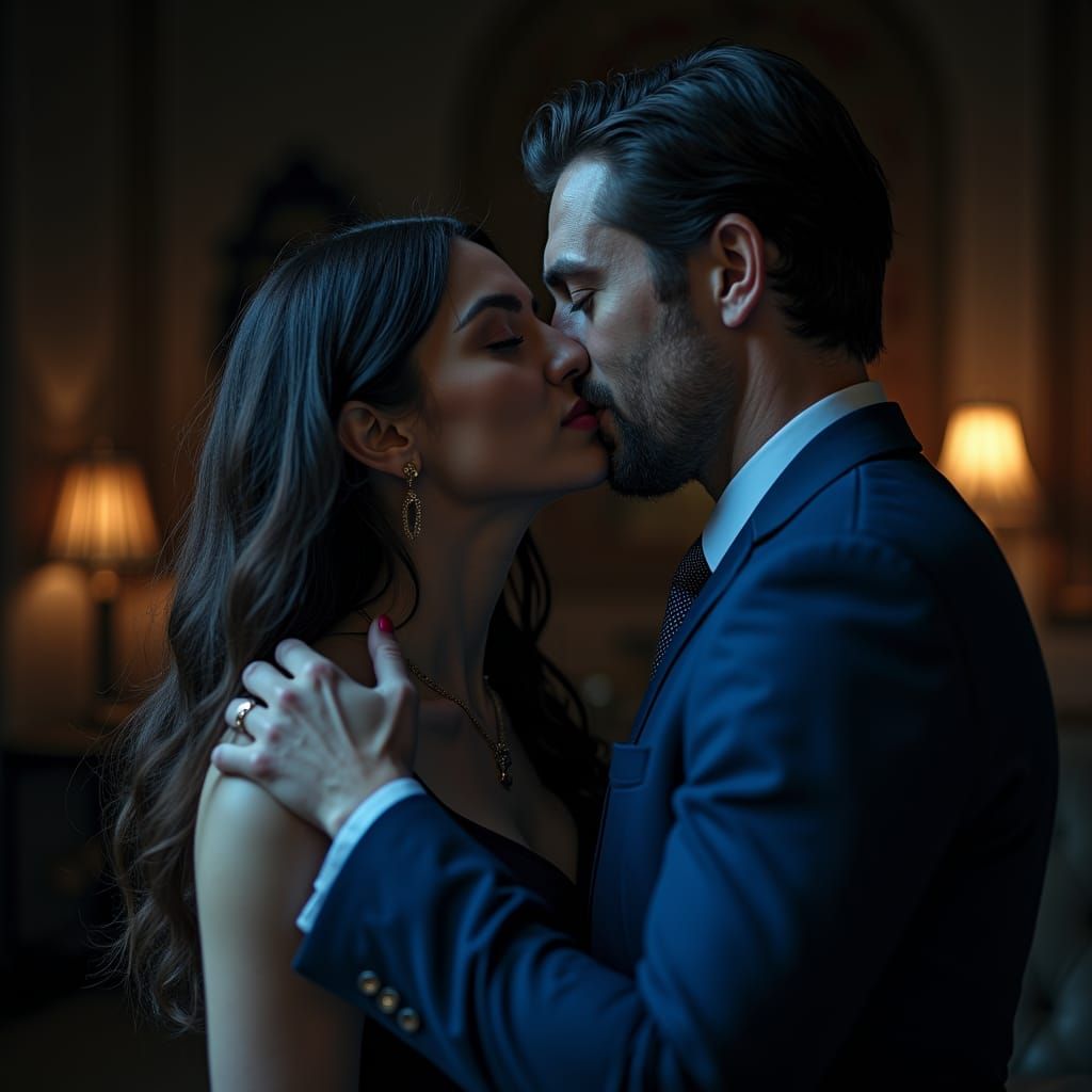 Woman Kissing Man in Blue Suit: Hyperrealistic Image