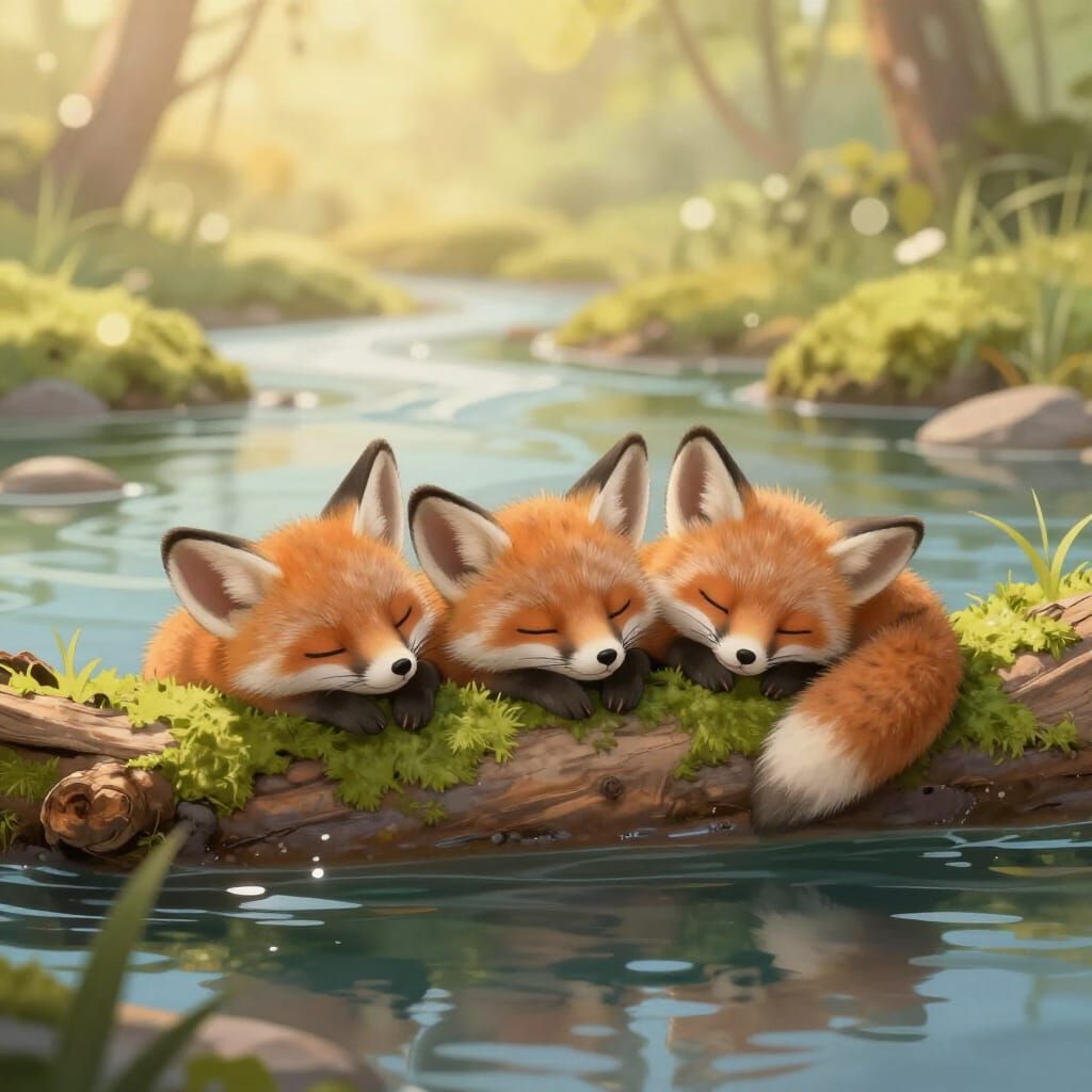 Adorable Baby Bat-Eared Foxes Sleeping on River Log in Story...