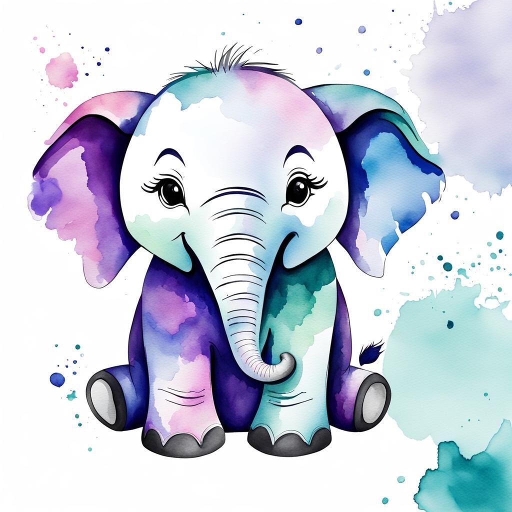 Cute Baby Elephant Smiling: Minimalist Watercolor Art