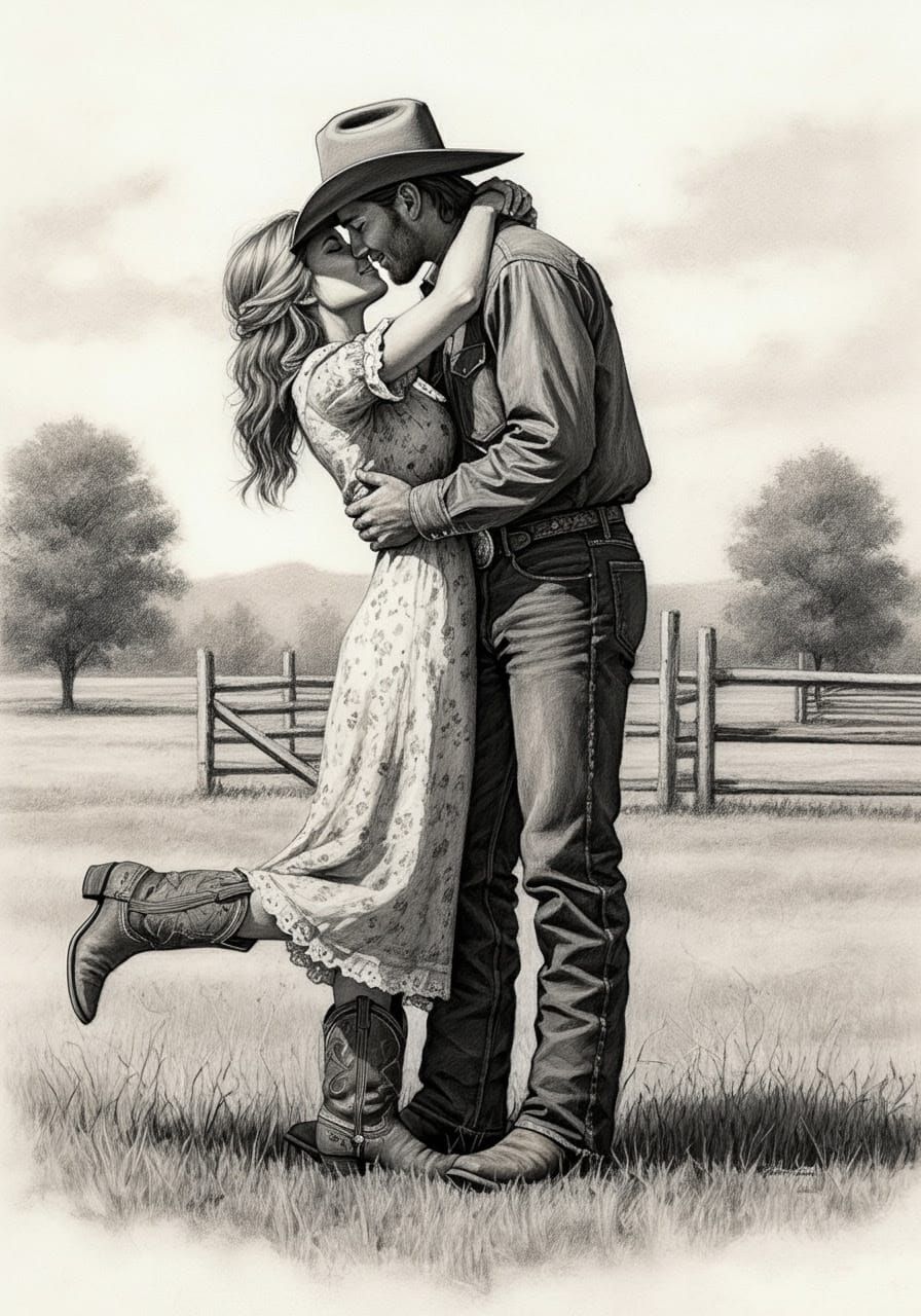 Tender Country Moment in Romantic Pencil Drawing Style